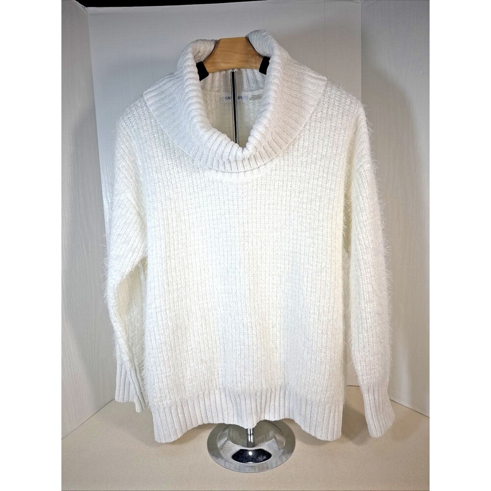 Calvin Klein White Eyelash Knit Cowl Neck Pullover Womens Medium Sweater Soft